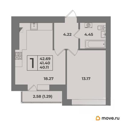 1-комн. квартира, 41.4 м&sup2;