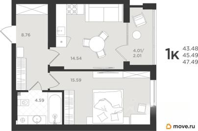1-комн. квартира, 45.49 м&sup2;