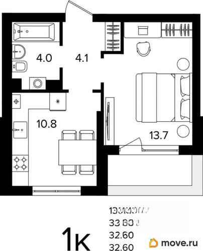 1-комн. квартира, 32.6 м&sup2;