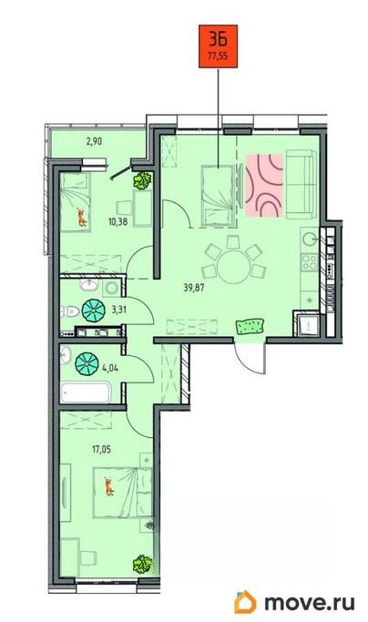 3-комн. квартира, 77.55 м&sup2;