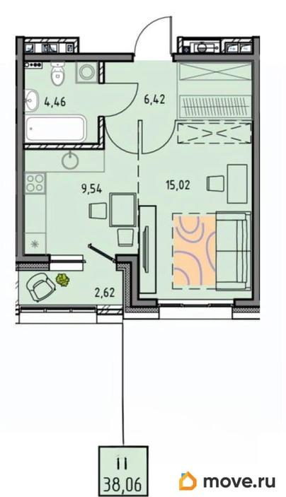 1-комн. квартира, 38.06 м&sup2;