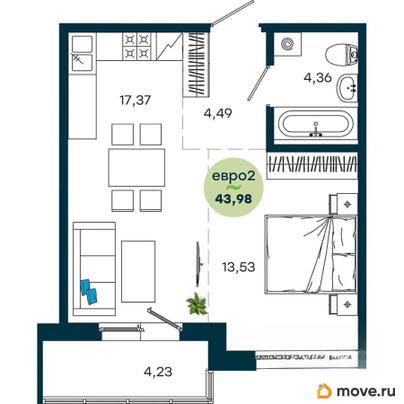 1-комн. квартира, 43.98 м&sup2;