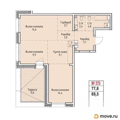 3-комн. квартира, 77.6 м&sup2;