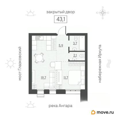 2-комн. квартира, 43.1 м&sup2;