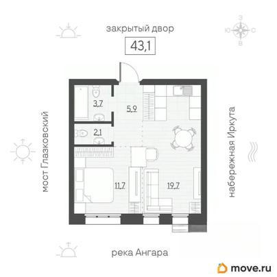 2-комн. квартира, 43.1 м&sup2;