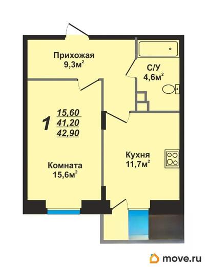 1-комн. квартира, 42.9 м&sup2;