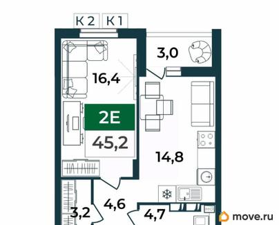 2-комн. квартира, 45.2 м&sup2;