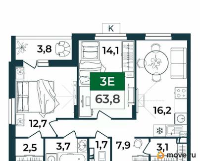 3-комн. квартира, 63.8 м&sup2;