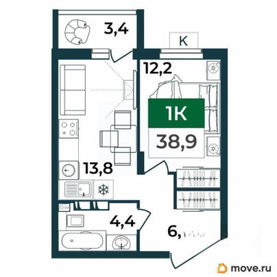 1-комн. квартира, 38.9 м&sup2;