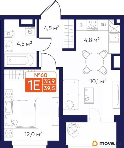 1-комн. квартира, 37.7 м&sup2;