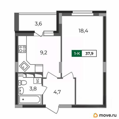 1-комн. квартира, 37.9 м&sup2;