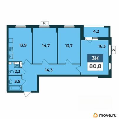3-комн. квартира, 80.8 м&sup2;