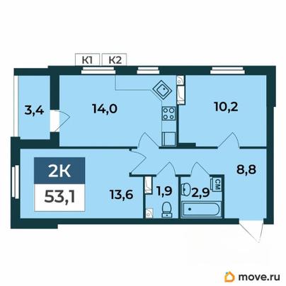 2-комн. квартира, 53.1 м&sup2;