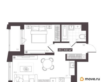 1-комн. квартира, 43.1 м&sup2;