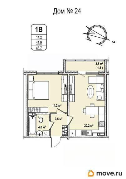 1-комн. квартира, 43.7 м&sup2;