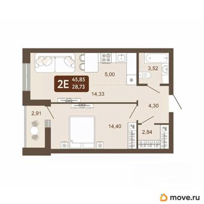 2-комн. квартира, 45.85 м&sup2;