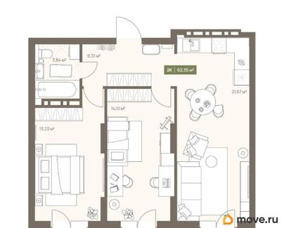 2-комн. квартира, 62.35 м&sup2;