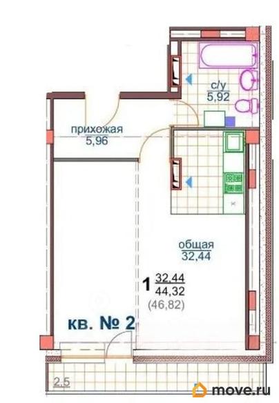 1-комн. квартира, 44.32 м&sup2;