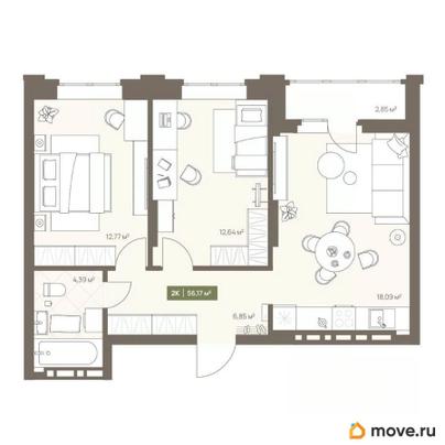 2-комн. квартира, 56.17 м&sup2;