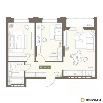 2-комн. квартира, 56.17 м&sup2;