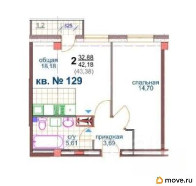 2-комн. квартира, 42.18 м&sup2;