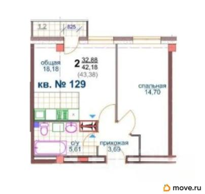 2-комн. квартира, 42.18 м&sup2;