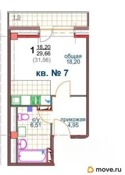 1-комн. квартира, 29.66 м&sup2;