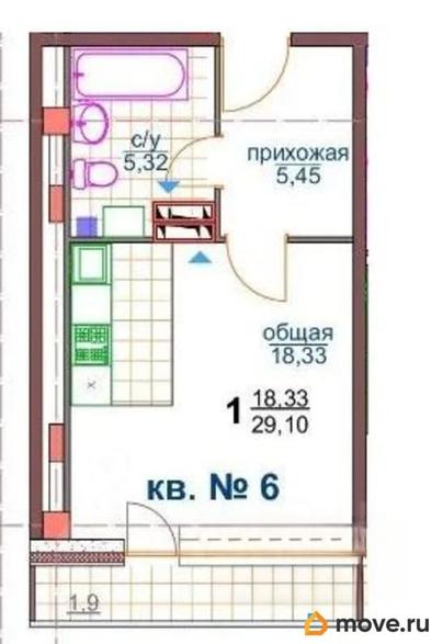 1-комн. квартира, 29.1 м&sup2;