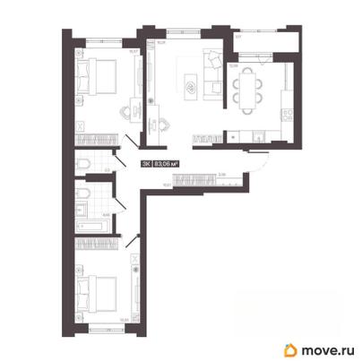 3-комн. квартира, 83.06 м&sup2;