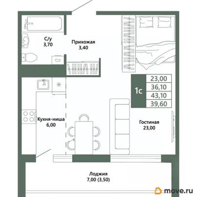 1-комн. квартира, 39.6 м&sup2;
