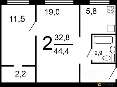 2-комн. квартира, 42.8 м&sup2;