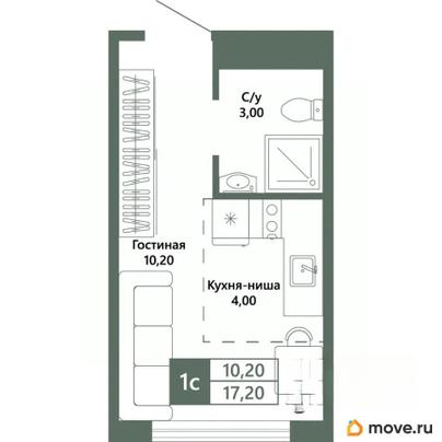 1-комн. квартира, 17.2 м&sup2;