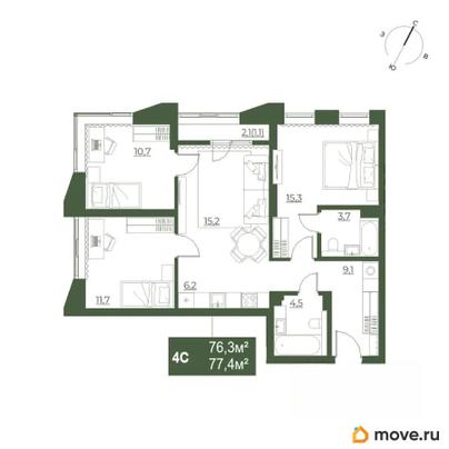 4-комн. квартира, 77.4 м&sup2;