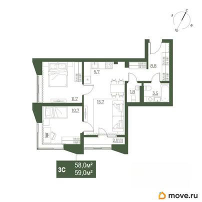 3-комн. квартира, 58.9 м&sup2;