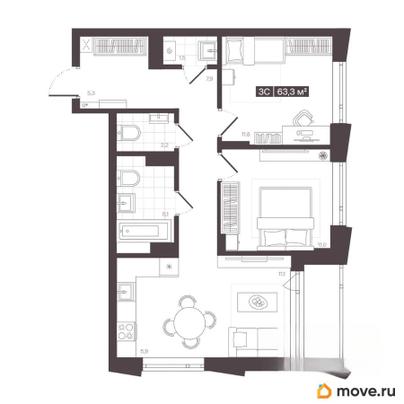 3-комн. квартира, 63.3 м&sup2;