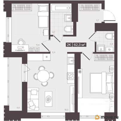 2-комн. квартира, 62.3 м&sup2;