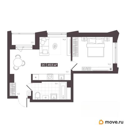 2-комн. квартира, 45.5 м&sup2;