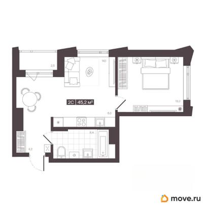 2-комн. квартира, 45.2 м&sup2;