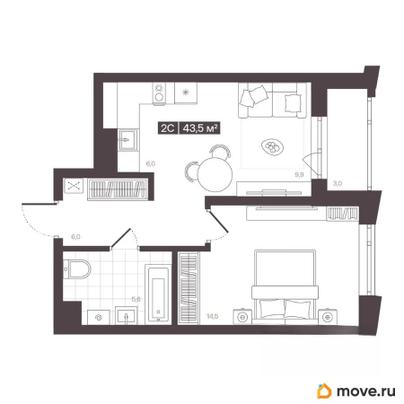 2-комн. квартира, 43.5 м&sup2;