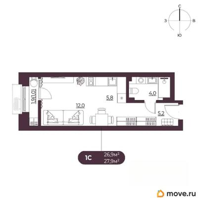 студия, 27.9 м&sup2;