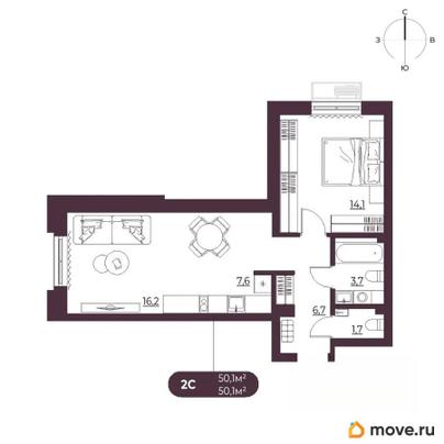 2-комн. квартира, 50.1 м&sup2;