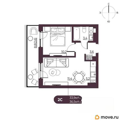 2-комн. квартира, 36.5 м&sup2;