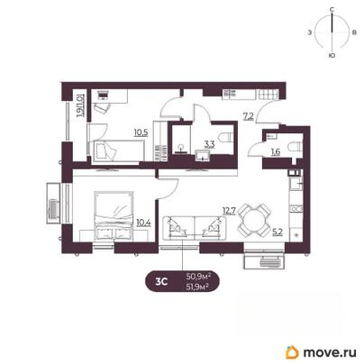 3-комн. квартира, 51.9 м&sup2;