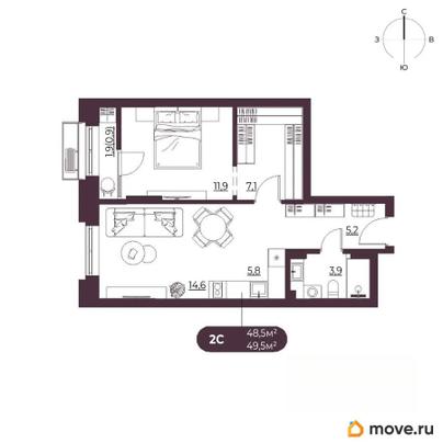 2-комн. квартира, 49.5 м&sup2;