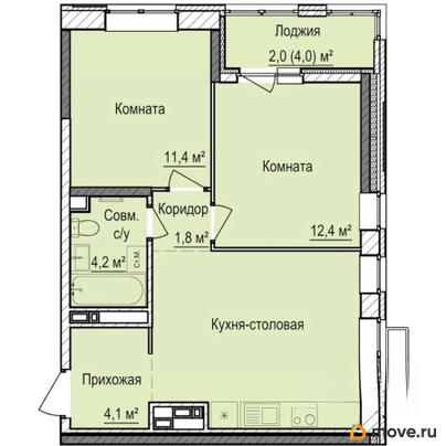 2-комн. квартира, 53.8 м&sup2;