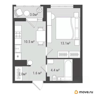 1-комн. квартира, 34.4 м&sup2;