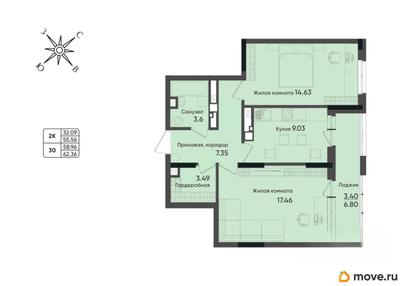 2-комн. квартира, 58.96 м&sup2;