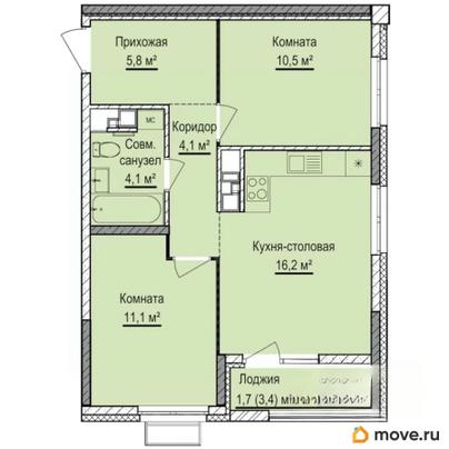 2-комн. квартира, 53.5 м&sup2;