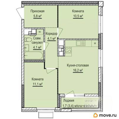2-комн. квартира, 53.5 м&sup2;