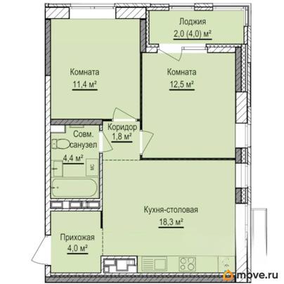 2-комн. квартира, 54.4 м&sup2;